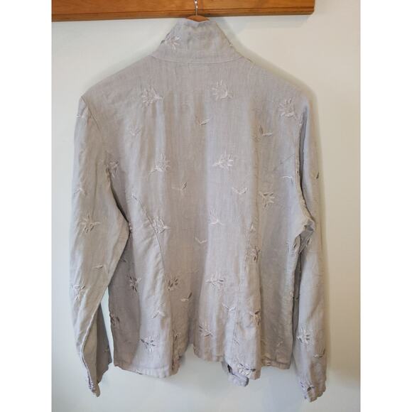 Haven 100% Linen Embroidered Button Down Shirt Taupe Beige Size Large Floral - Picture 3 of 10